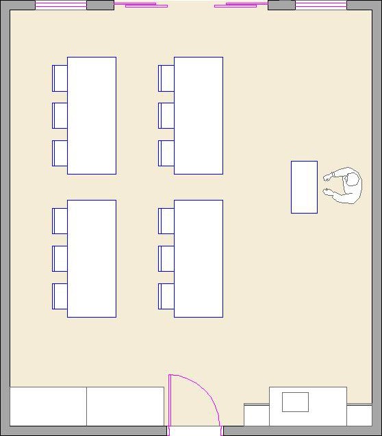 Sala de treinamento para 12 pessoas com mesas de trabalho